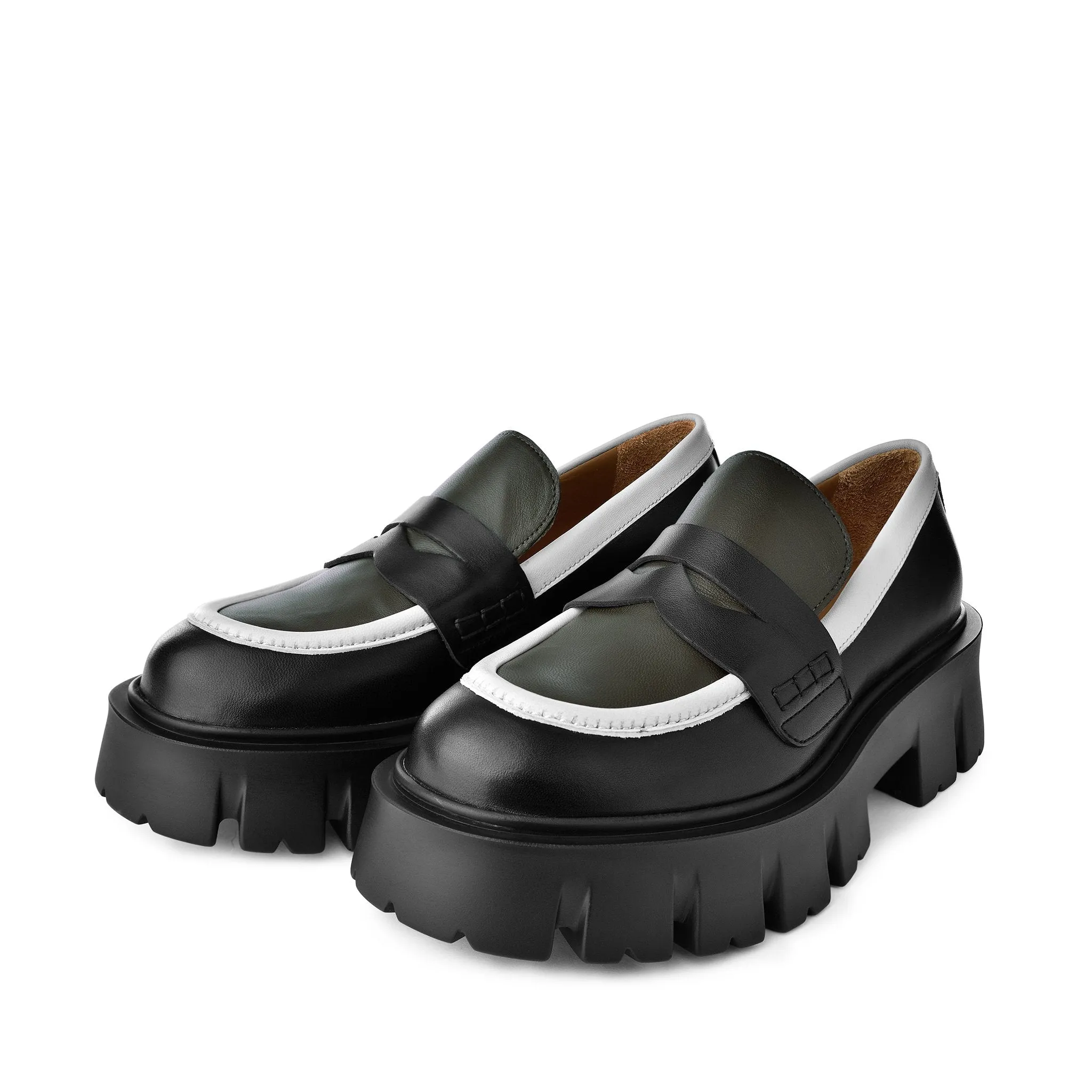 Mikki Black Khaki Leather Chunky Loafers