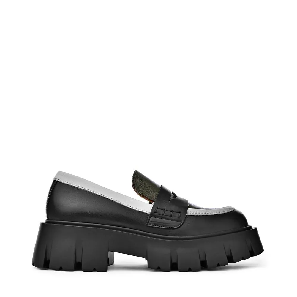 Mikki Black Khaki Leather Chunky Loafers