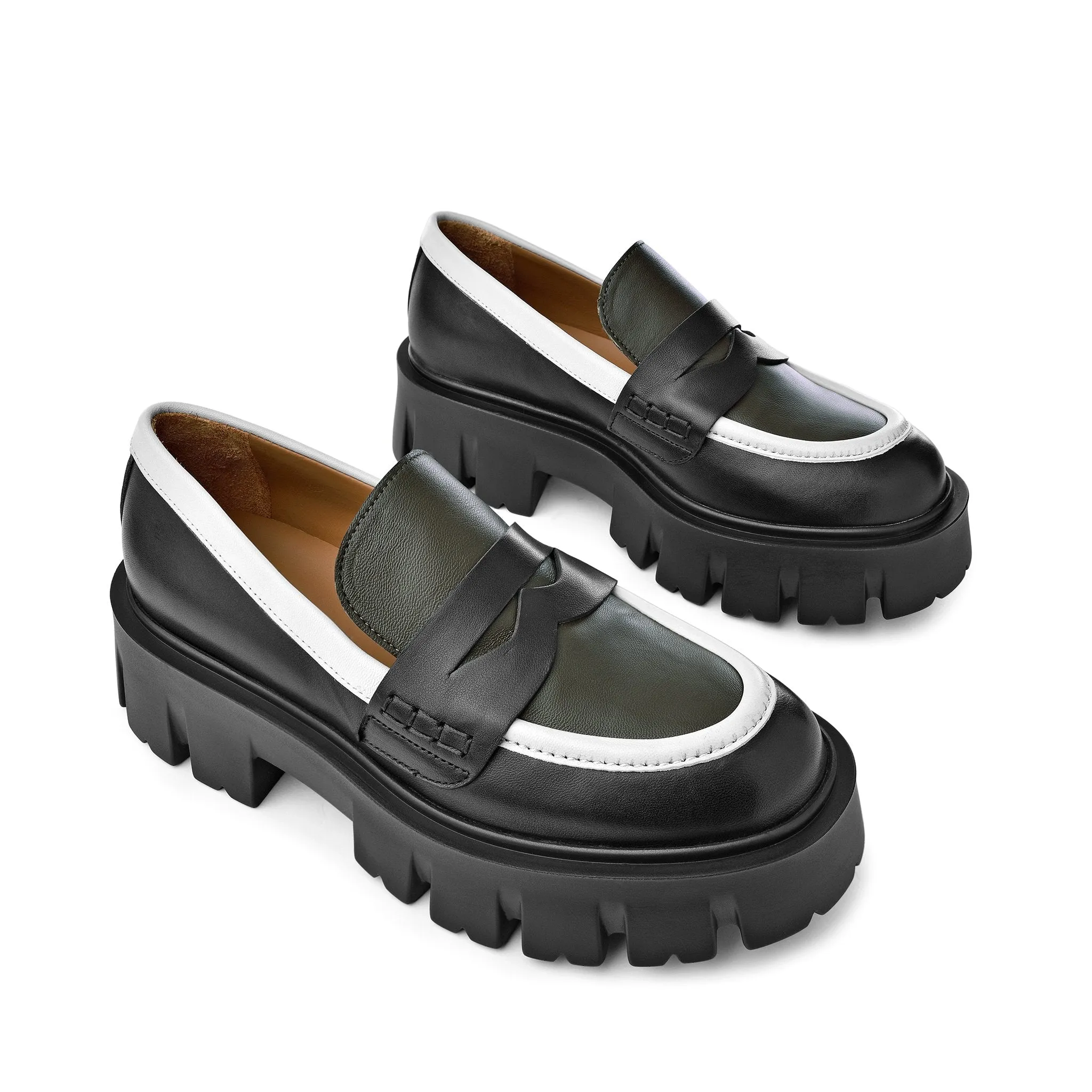 Mikki Black Khaki Leather Chunky Loafers