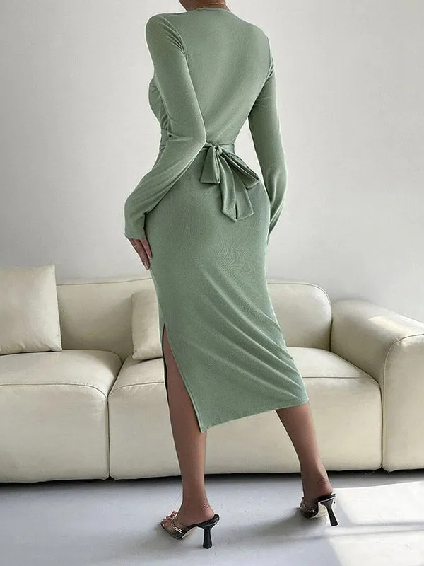 Momnfancy Light Green Elegant Side Slit Sashes Ruffle Bodycon Daily Maternity Babyshower Maxi Dress