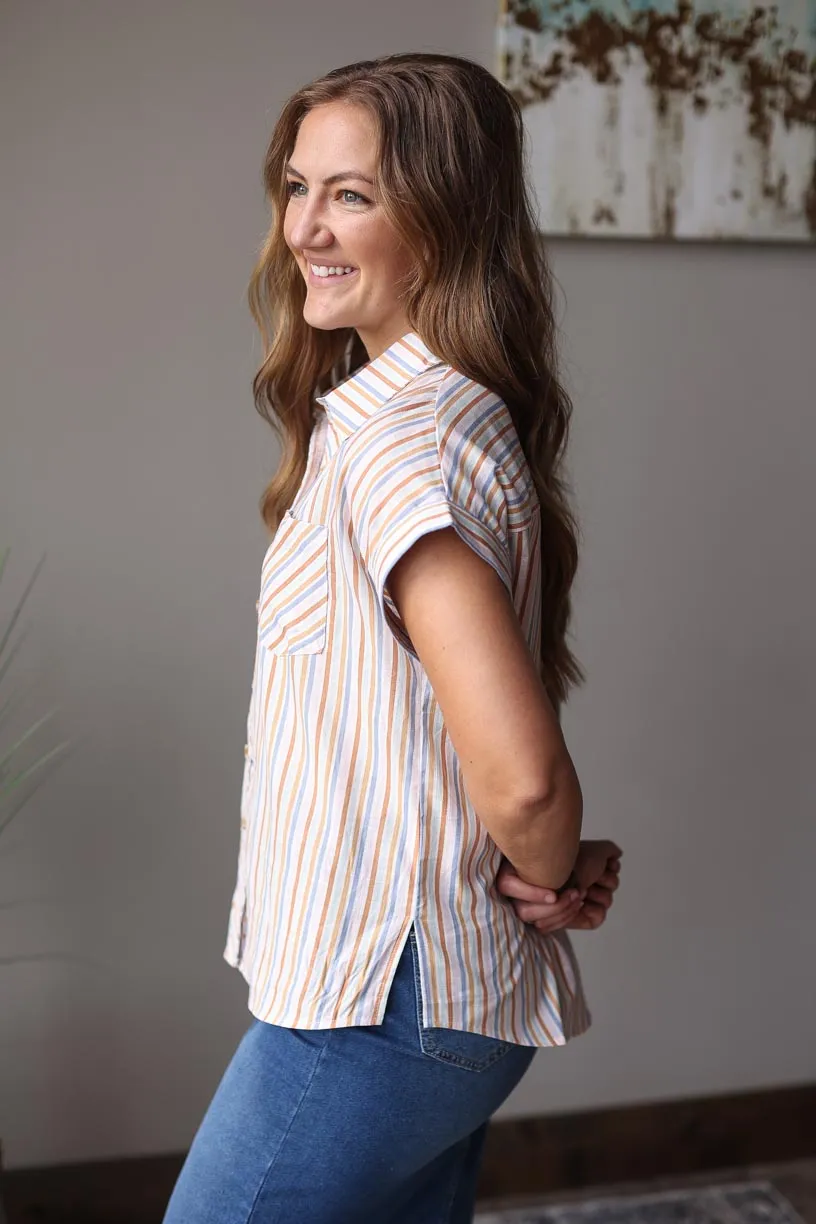 Multi Color Stripe Short Sleeve Button Up Top • L