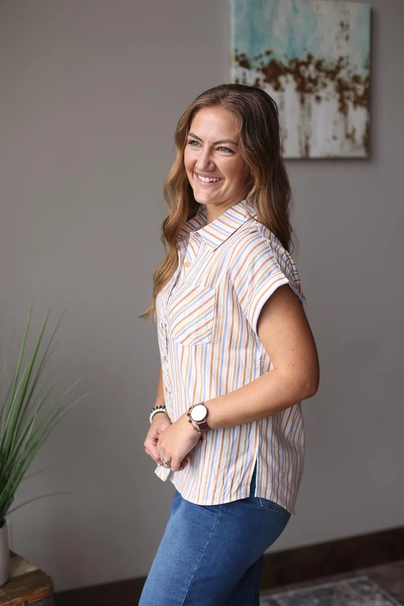 Multi Color Stripe Short Sleeve Button Up Top • L