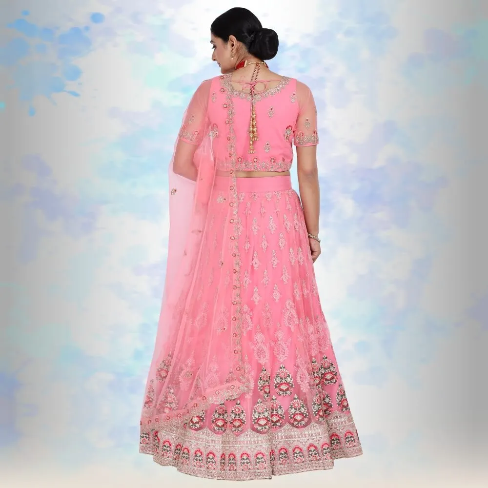 Pink pure net Lehenga Choli with multicolor embroidery