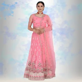 Pink pure net Lehenga Choli with multicolor embroidery